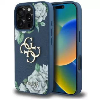 Coque Guess Grained Roses Big 4G Logo pour iPhone 16 Pro Max, bleu