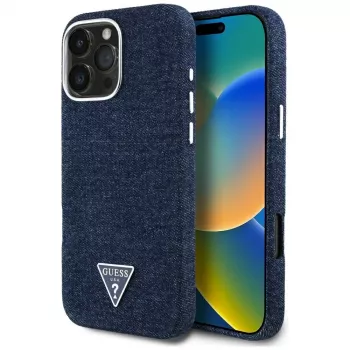 Coque MagSafe Guess Denim Triangle Logo pour iPhone 16 Pro bleu