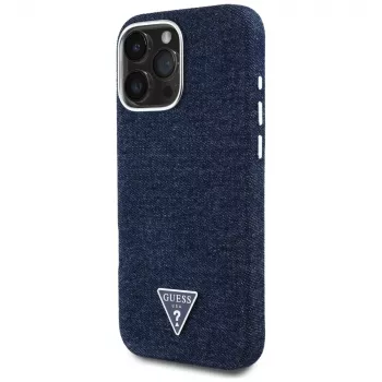 Coque MagSafe Guess Denim Triangle Logo pour iPhone 16 Pro bleu