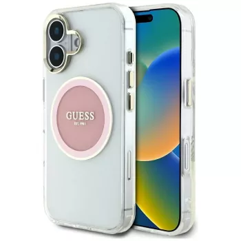 Coque MagSafe Guess IML Metal Colored Circle Classic Logo pour iPhone 16 (rose)