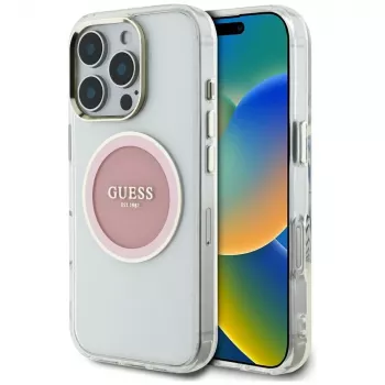 Coque MagSafe Guess IML Metal Colored Circle Classic Logo pour iPhone 16 Pro (rose)