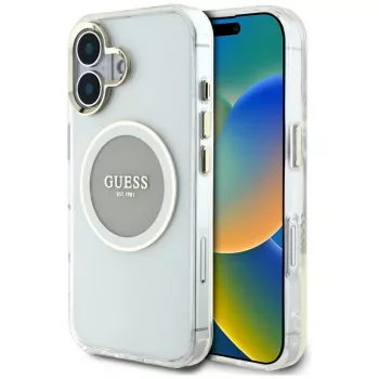 Coque MagSafe Guess IML Metal Colored Circle Classic Logo pour iPhone 16 (gris)