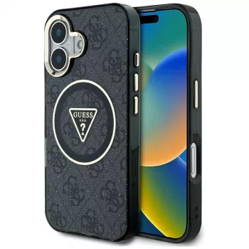 Coque MagSafe Guess IML Metal Glitter 4G Circle Triangle pour Apple iPhone 16 (noir)