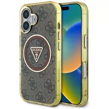 Coque MagSafe Guess IML Metal Glitter 4G Circle Triangle pour iPhone 16 (marron)