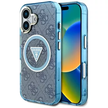 Coque MagSafe Guess IML Metal Glitter 4G Circle Triangle pour iPhone 16 (bleu)
