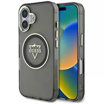 Coque MagSafe Guess IML Metal Mountain Logo pour iPhone 16 (noir)