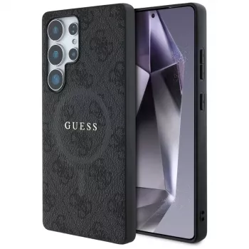 Coque arrière Guess Leather 4G Colored Ring Classic Logo MagSafe pour Samsung Galaxy S25 Ultra, noire