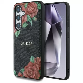 Coque Guess Leather 4G Flowers Print Metal Classic Logo MagSafe pour Samsung Galaxy S25, noire