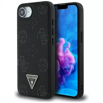 Coque MagSafe Guess Grained Hot Stamp Peony Triangle Logo pour iPhone 16e (noire)