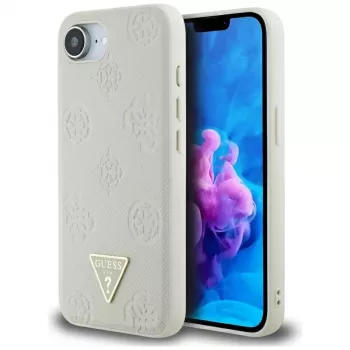 Coque MagSafe Guess Grained Hot Stamp Peony Triangle Logo pour iPhone 16e (beige)