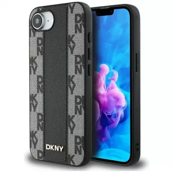 Coque MagSafe DKNY Leather Checkered Mono Pattern pour iPhone 16e / 17e noire