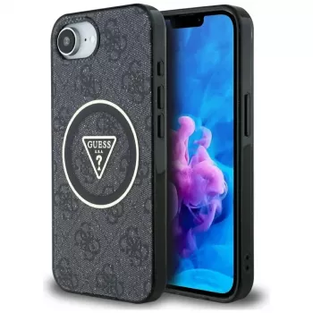 Coque MagSafe Guess IML Metal Glitter 4G Circle Triangle pour iPhone 16e (noire)