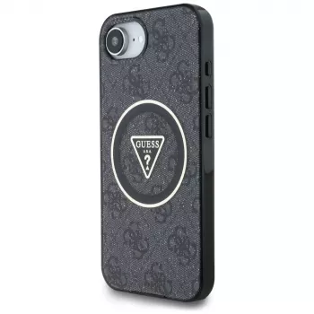 Coque MagSafe Guess IML Metal Glitter 4G Circle Triangle pour iPhone 16e (noire)
