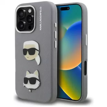 Coque Karl Lagerfeld FW Grained Karl & Choupette Heads Pins pour iPhone 16 Pro grise