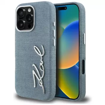 Coque Karl Lagerfeld FW Jeans Signature Logo pour iPhone 16 Pro bleue
