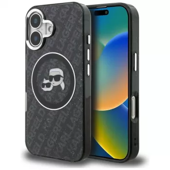 Coque Karl Lagerfeld IML Glitter Karl & Choupette Heads Logo MagSafe pour iPhone 16 noire