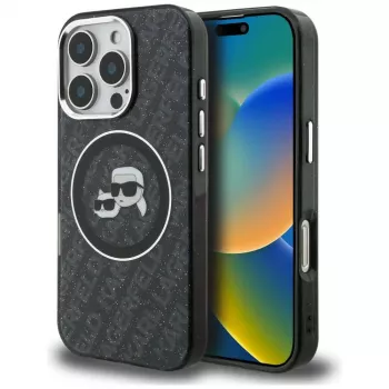 Coque KARL LAGERFELD IML Glitter Karl & Choupette Heads Logo MagSafe pour iPhone 16 Pro Max noire
