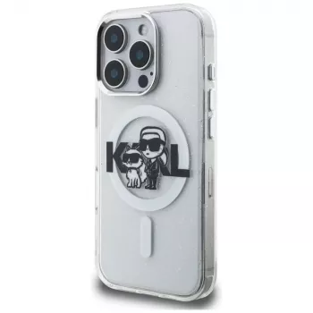 Coque MagSafe KARL LAGERFELD IML Glitter Karl & Choupette Sketch Logo pour iPhone 16 Pro, transparente