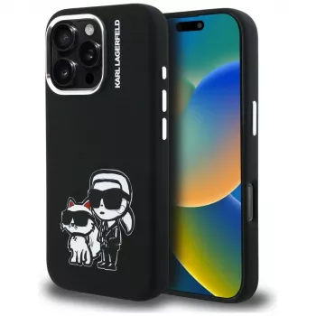 Coque MagSafe KARL LAGERFELD en silicone Karl & Choupette Sketch pour Apple iPhone 16 Pro Max, noire