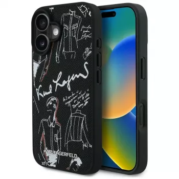 Coque MagSafe KARL LAGERFELD Grained Pattern & Logo pour iPhone 16, noire