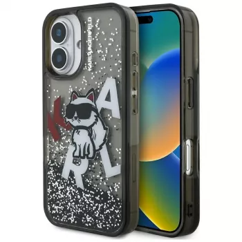 Coque KARL LAGERFELD Liquid Glitter Choupette Logo pour iPhone 16, noire