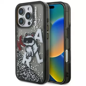 Coque KARL LAGERFELD Liquid Glitter Choupette Logo pour Apple iPhone 16 Pro Max - noire