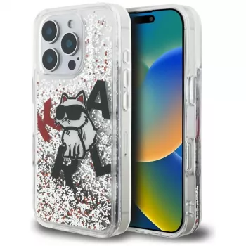 Coque Karl Lagerfeld Liquid Glitter Choupette Logo pour Apple iPhone 16 Pro Max, transparente