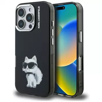 Coque arrière Karl Lagerfeld IML Aquarelle Choupette & Logo pour Apple iPhone 16 Pro, noire