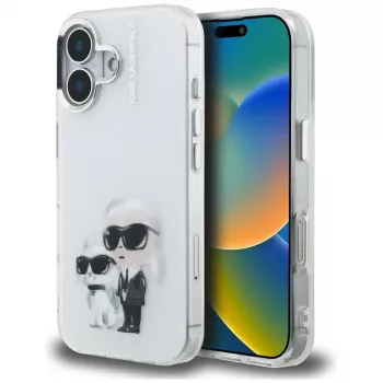 Coque Karl Lagerfeld IML Aquarelle Karl & Choupette & Logo pour Apple iPhone 16, blanche