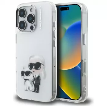 Coque Karl Lagerfeld IML Aquarelle Karl & Choupette & Logo pour iPhone 16 Pro Max, blanche