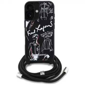Coque bandoulière Karl Lagerfeld GrainedPattern & Logo pour iPhone 16, noire