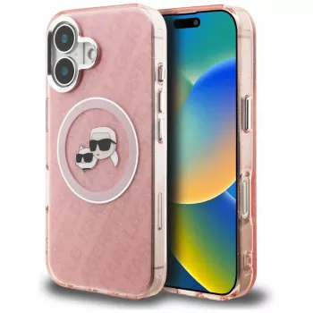 Coque MagSafe KARL LAGERFELD IML Glitter Karl & Choupette Heads Logo pour Apple iPhone 16 - rose