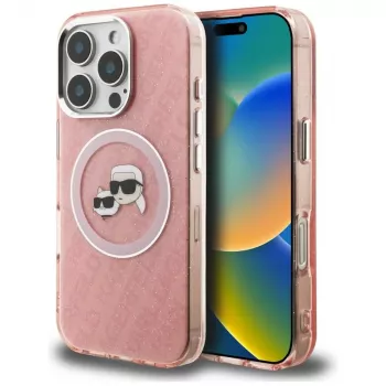 Coque MagSafe KARL LAGERFELD IML Glitter Karl & Choupette Heads Logo pour iPhone 16 Pro Max, rose