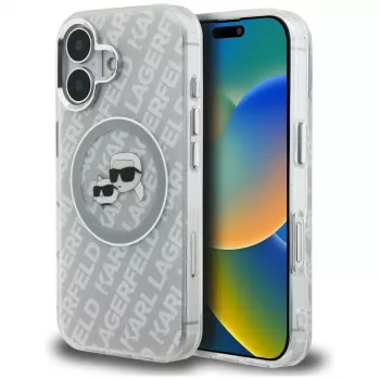 Coque MagSafe KARL LAGERFELD IML Glitter Karl & Choupette Heads Logo pour iPhone 16, grise
