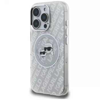 Coque MagSafe KARL LAGERFELD IML Glitter Karl & Choupette Heads Logo pour iPhone 16 Pro, grise