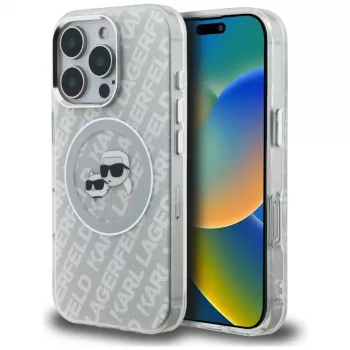 Coque MagSafe KARL LAGERFELD IML Glitter Karl & Choupette Heads Logo pour iPhone 16 Pro Max, grise