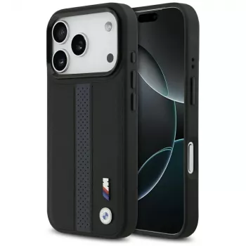 Coque MagSafe BMW M Perforated Stripe Logo pour iPhone 17 Pro bleue