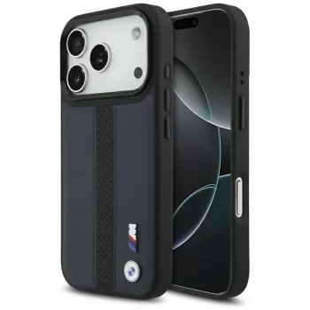 Coque MagSafe BMW M Perforated Stripe Logo pour Apple iPhone 17 Pro, bleu marine