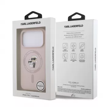 Coque silicone KARL LAGERFELD pour Apple iPhone 17 Pro avec MagSafe et anneau de maintien, rose, collection Karl & Choupette