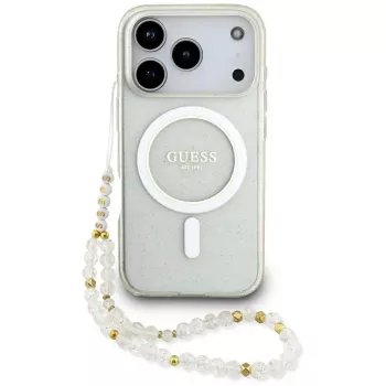 Guess IML Glitter Pearl Strap MagSafe Case for iPhone 17 Pro, Transparent
