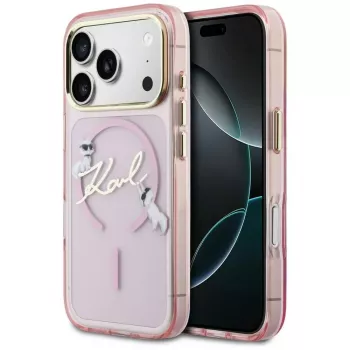 Coque MagSafe Karl Lagerfeld IML Choupettes KarlScript Logo pour Apple iPhone 17 Pro, rose