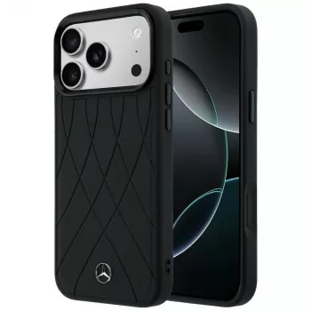 Coque MagSafe Mercedes-Benz en cuir avec lignes croisées pour iPhone 17 Pro Max, noire