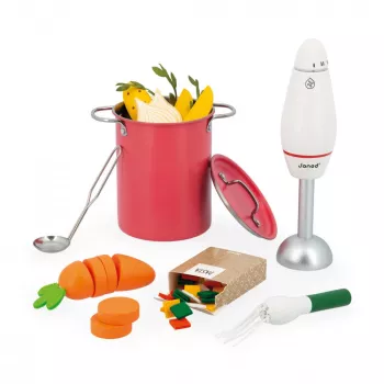 Set de cuisine à la soupe en bois Janod avec mixeur et accessoires 3+