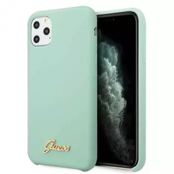 Guess GUHCN58LSLMGG coque rigide en silicone iPhone 11 Pro verte avec logo Vintage Gold