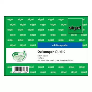 Sigel QU619 carnet de reçus, TVA indiquée séparément, A6 paysage, 50 feuilles
