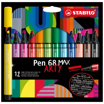 STABILO Pen 68 MAX ensemble de feutres ARTY Edition de 12 pièces avec pointe biseautée en étui plastique