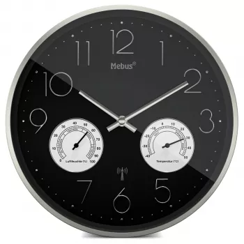 Horloge murale radio-pilotée MEBUS 12988 avec thermo-hygromètre - cadre argent/gris, cadran blanc, affichage analogique de l'heure, température et humidité numériques, radio-pilotée DCF77