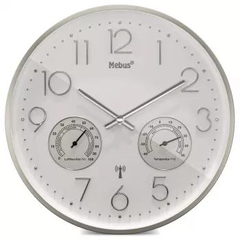 Horloge murale radio-pilotée MEBUS 12989 avec thermo-hygromètre, cadre argent, cadran blanc, DCF77