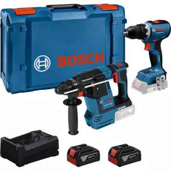 Kit combiné BOSCH PowerTools perceuse à percussion sans fil 18 V 65 + marteau perforateur sans fil 18 V 26 avec 2 batteries 5 Ah et chargeur (kit)