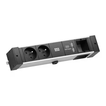 Rail de bureau Bachmann - 2 m - intérieur - type E - aluminium - plastique - noir - argent - 2 prises secteur